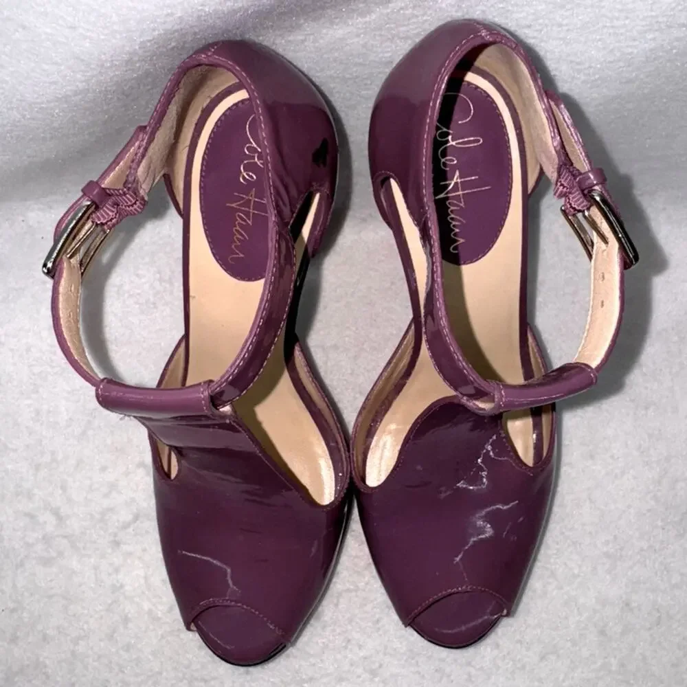 Women’s Cole Haan Alegra Heels Platform Shoes Purple Patent Leather Peep Toe 6.5